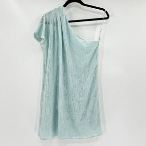 bobi BLACK One Shoulder Mini Dress Light Blue Textured Short Sleeve Size M